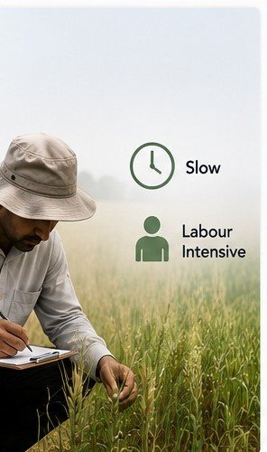 Researcher manually recording crop measurements in a field